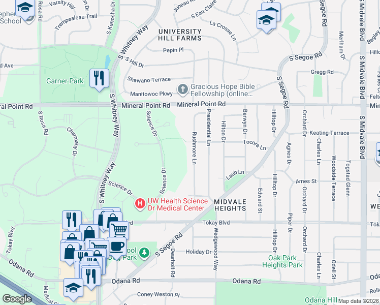 map of restaurants, bars, coffee shops, grocery stores, and more near 472 Rushmore Lane in Madison