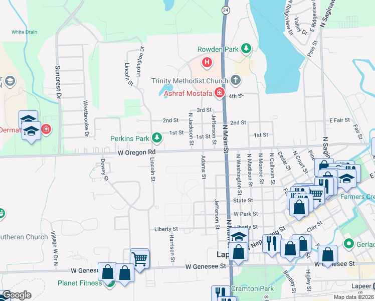 map of restaurants, bars, coffee shops, grocery stores, and more near 1245 West Oregon Street in Lapeer