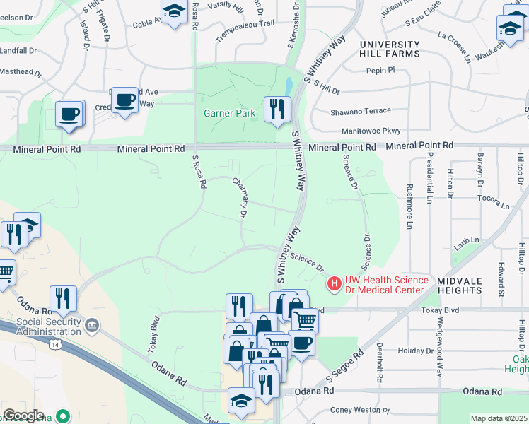 map of restaurants, bars, coffee shops, grocery stores, and more near 5505 Endeavor Lane in Madison