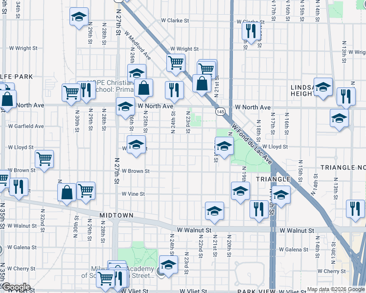 map of restaurants, bars, coffee shops, grocery stores, and more near 2319 West Lloyd Street in Milwaukee