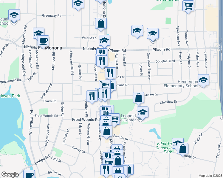 map of restaurants, bars, coffee shops, grocery stores, and more near 5708 Monona Drive in Monona