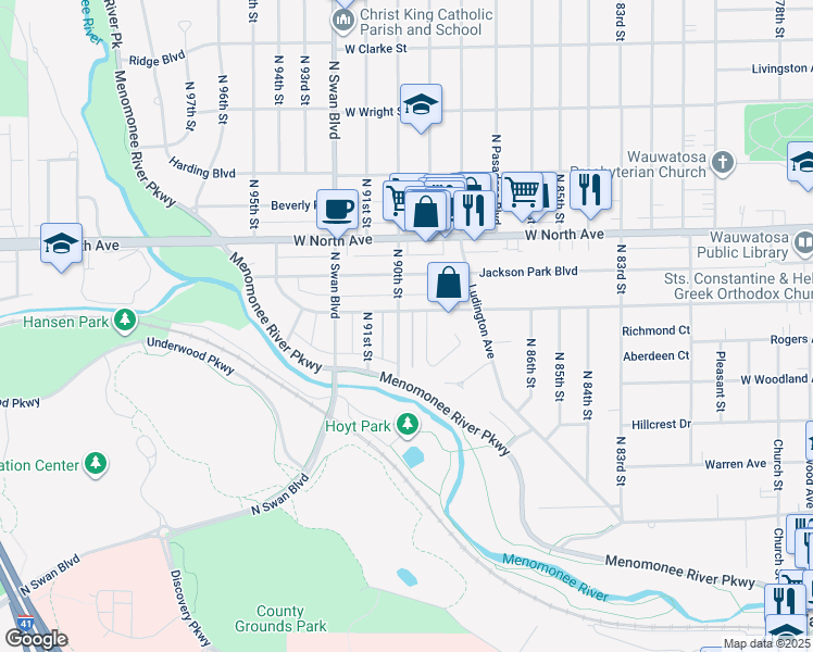 map of restaurants, bars, coffee shops, grocery stores, and more near 2110 North 90th Street in Wauwatosa
