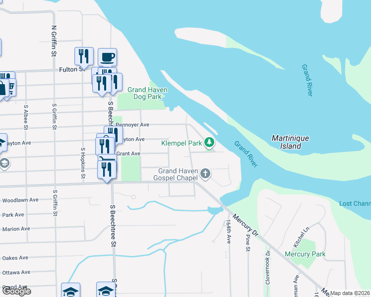 map of restaurants, bars, coffee shops, grocery stores, and more near 400 Friant Street in Grand Haven
