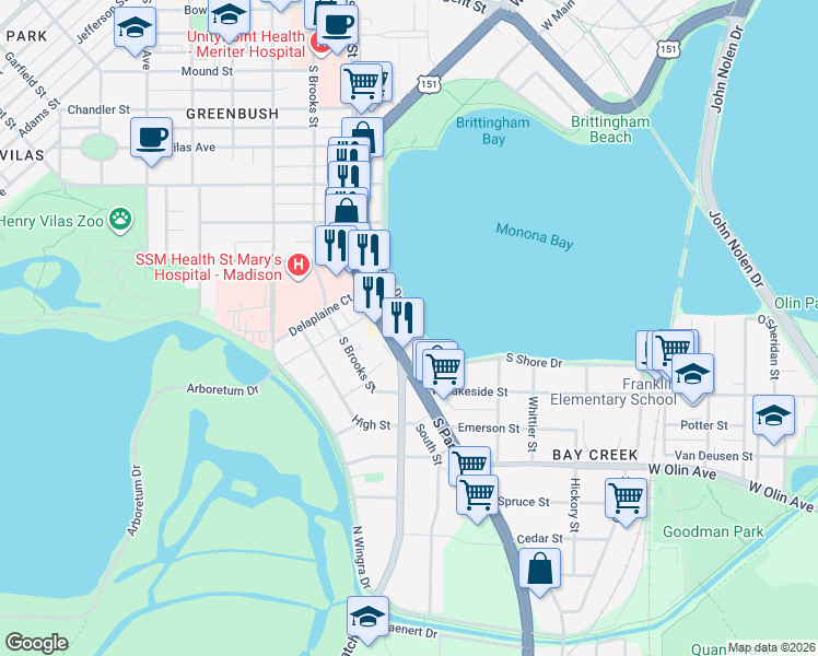 map of restaurants, bars, coffee shops, grocery stores, and more near 946 West Shore Drive in Madison