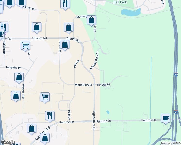 map of restaurants, bars, coffee shops, grocery stores, and more near 2811 Agriculture Drive in Madison