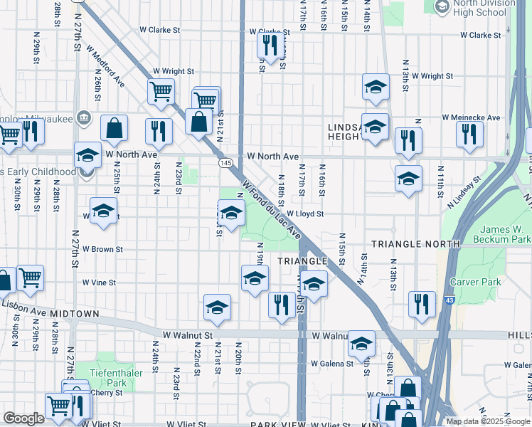 map of restaurants, bars, coffee shops, grocery stores, and more near 1847 West Fond du Lac Avenue in Milwaukee