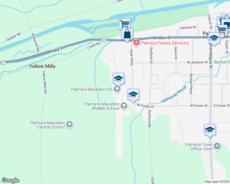 map of restaurants, bars, coffee shops, grocery stores, and more near 151 Hyde Parkway in Palmyra