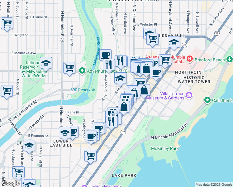 map of restaurants, bars, coffee shops, grocery stores, and more near 2002 North Bartlett Avenue in Milwaukee
