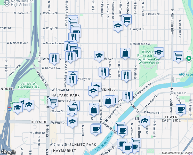 map of restaurants, bars, coffee shops, grocery stores, and more near 117 East Lloyd Street in Milwaukee