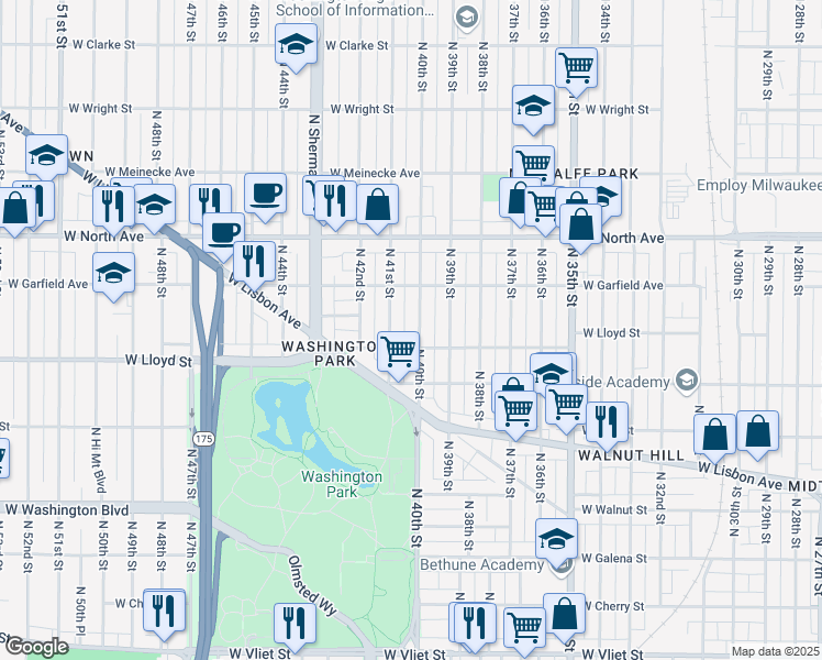 map of restaurants, bars, coffee shops, grocery stores, and more near 2119-2121 North 40th Street in Milwaukee