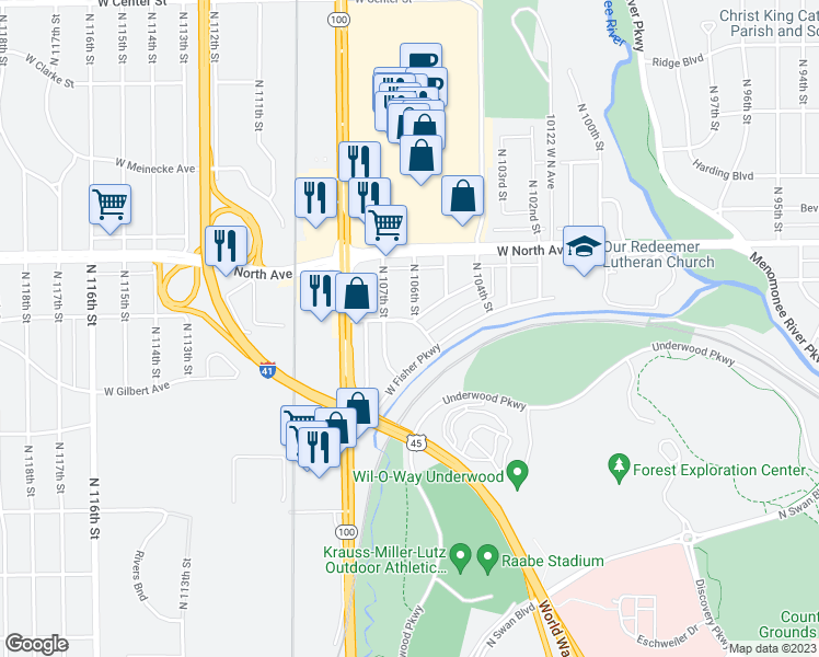 map of restaurants, bars, coffee shops, grocery stores, and more near 10601 West Garfield Avenue in Wauwatosa