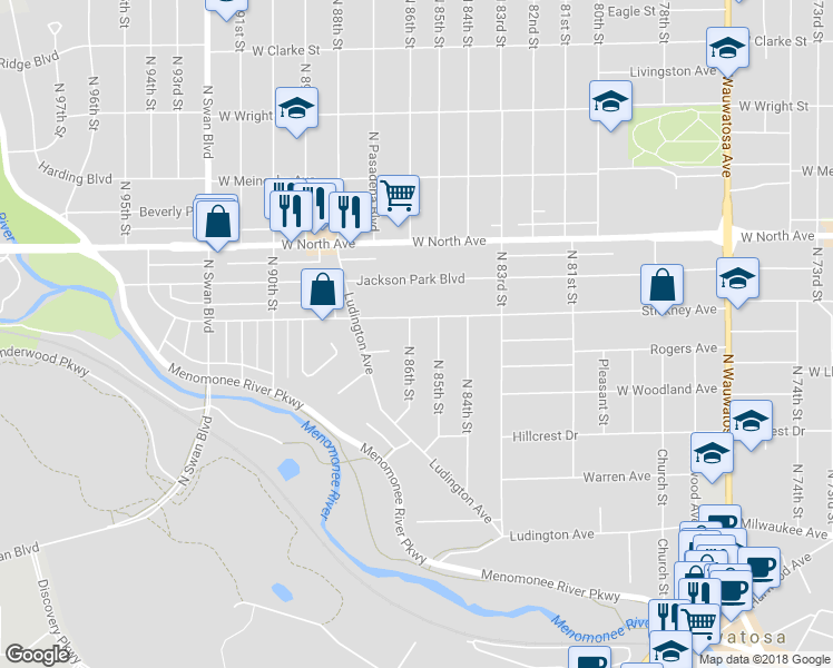 map of restaurants, bars, coffee shops, grocery stores, and more near 2128 North 86th Street in Wauwatosa
