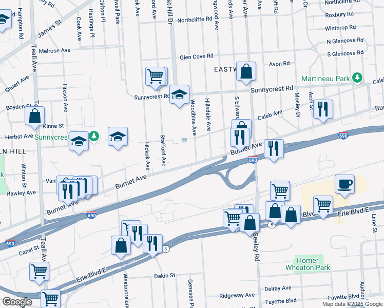 map of restaurants, bars, coffee shops, grocery stores, and more near 1841 Burnet Avenue in Syracuse