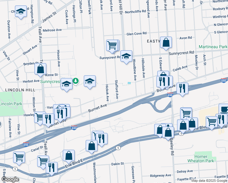 map of restaurants, bars, coffee shops, grocery stores, and more near 1801 Burnet Avenue in Syracuse