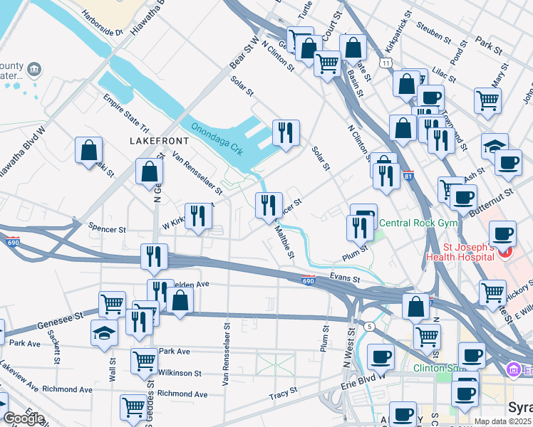 map of restaurants, bars, coffee shops, grocery stores, and more near 412 Spencer Street in Syracuse