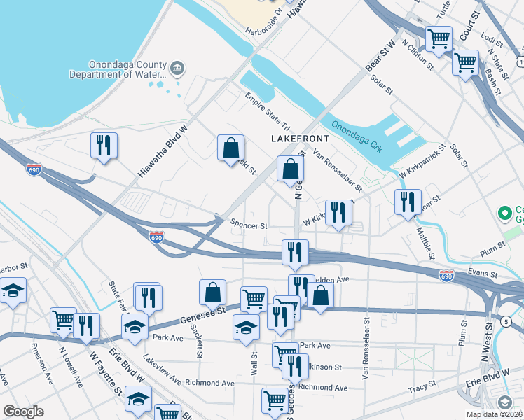 map of restaurants, bars, coffee shops, grocery stores, and more near 816 Spencer Street in Syracuse