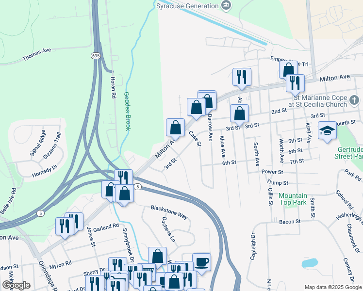 map of restaurants, bars, coffee shops, grocery stores, and more near 1017 3rd Street in Syracuse