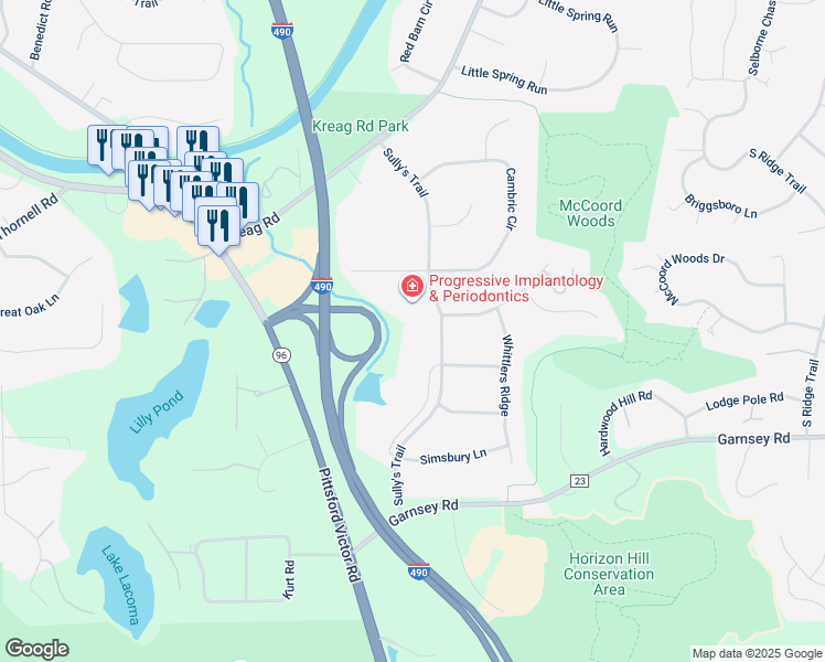 map of restaurants, bars, coffee shops, grocery stores, and more near 167 Sully's Trail in Pittsford