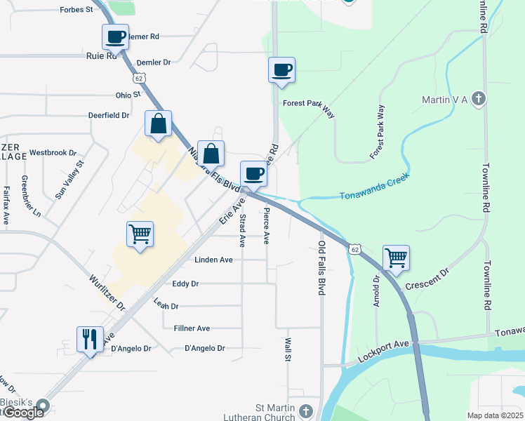 map of restaurants, bars, coffee shops, grocery stores, and more near 1346 Pierce Avenue in North Tonawanda