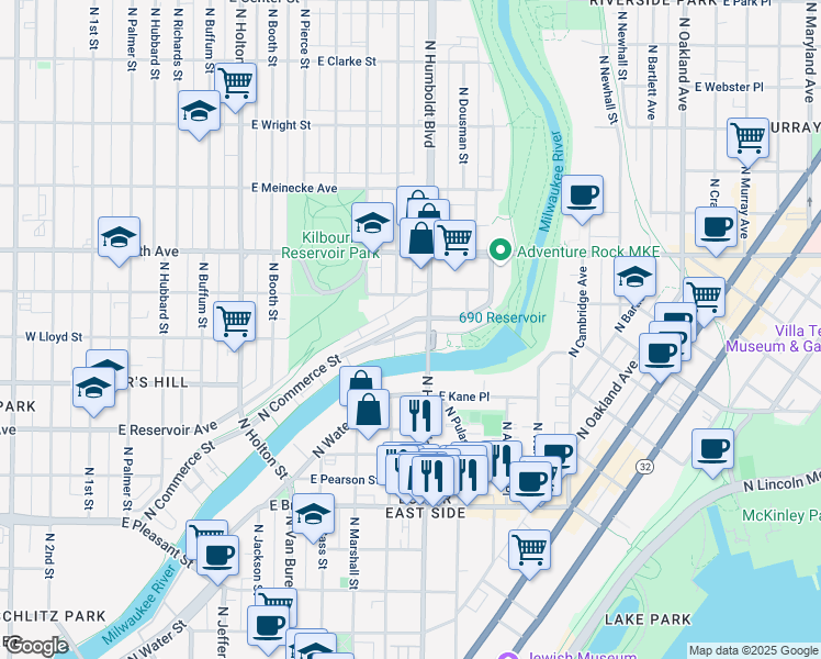 map of restaurants, bars, coffee shops, grocery stores, and more near 2070 North Riverboat Road in Milwaukee