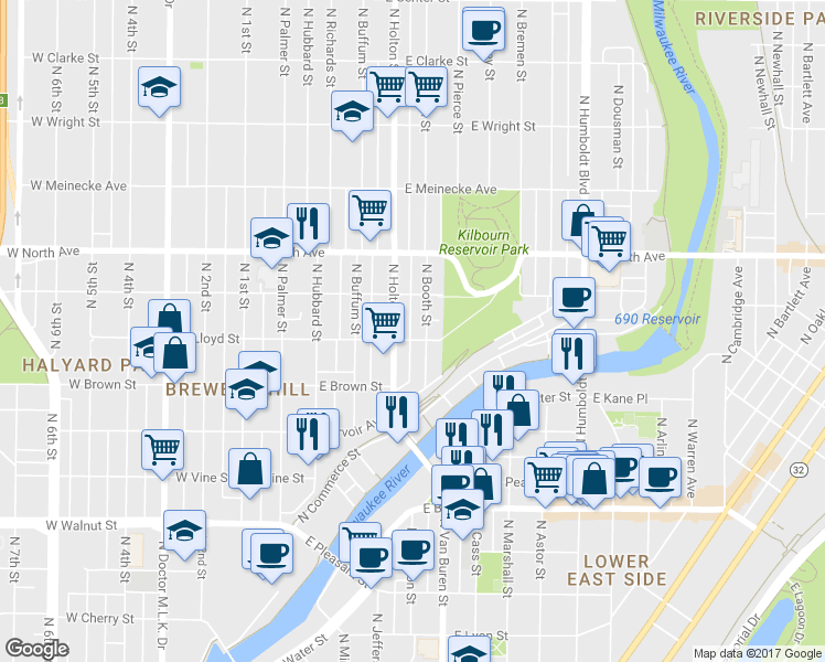 map of restaurants, bars, coffee shops, grocery stores, and more near 525-527 East Lloyd Street in Milwaukee