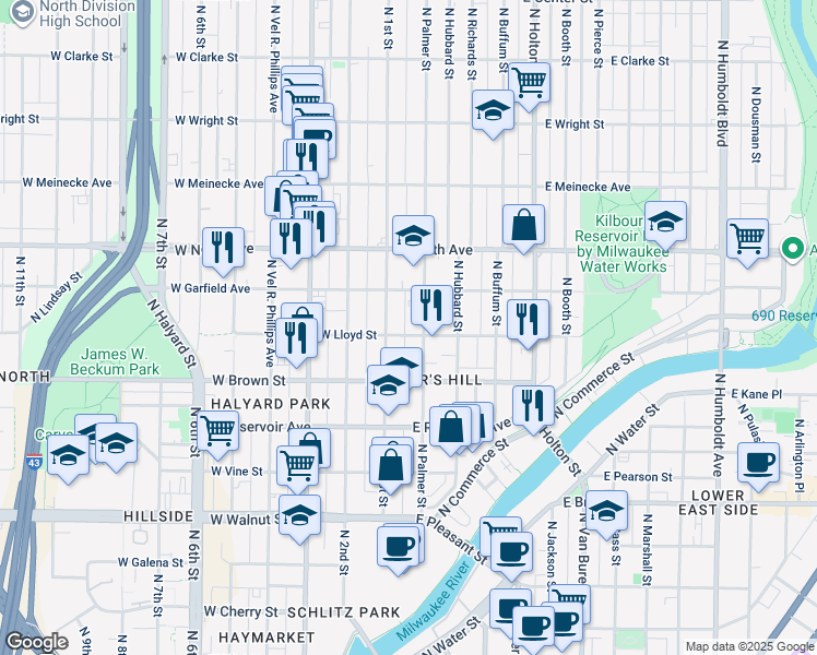 map of restaurants, bars, coffee shops, grocery stores, and more near 117 East Lloyd Street in Milwaukee