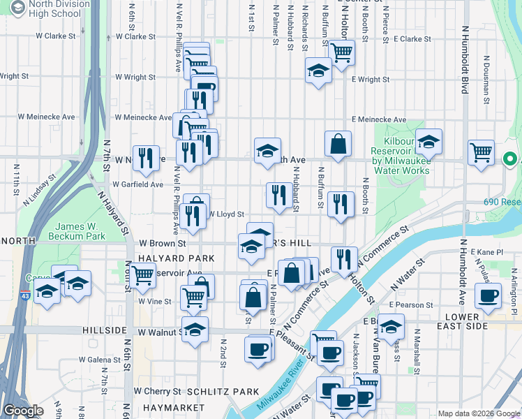 map of restaurants, bars, coffee shops, grocery stores, and more near 117 East Lloyd Street in Milwaukee