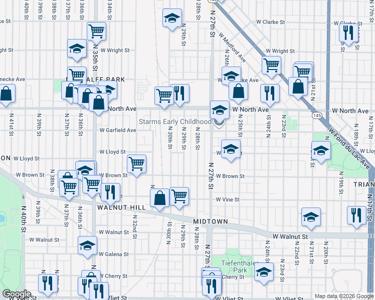 map of restaurants, bars, coffee shops, grocery stores, and more near 2048-2050 North 29th Street in Milwaukee