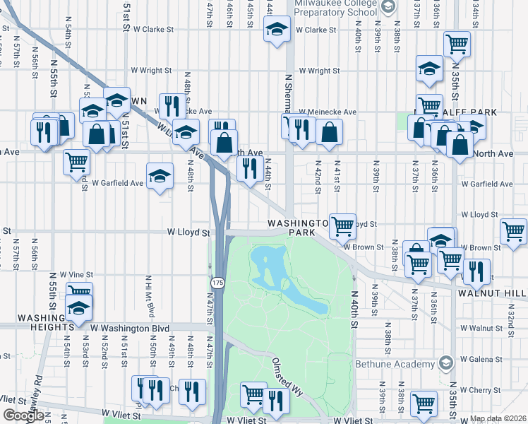 map of restaurants, bars, coffee shops, grocery stores, and more near 2121 North 44th Street in Milwaukee