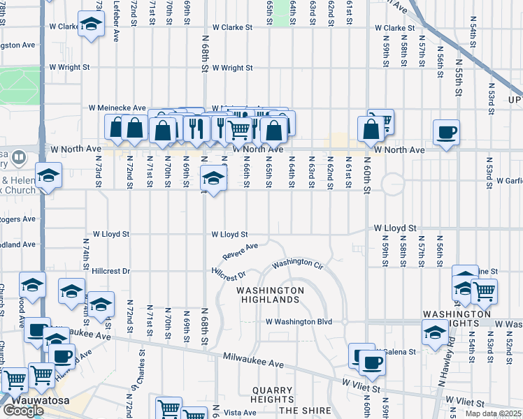 map of restaurants, bars, coffee shops, grocery stores, and more near 2126 North 66th Street in Wauwatosa