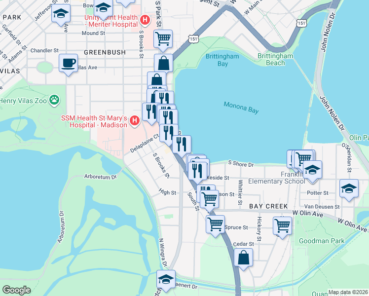 map of restaurants, bars, coffee shops, grocery stores, and more near 946 West Shore Drive in Madison