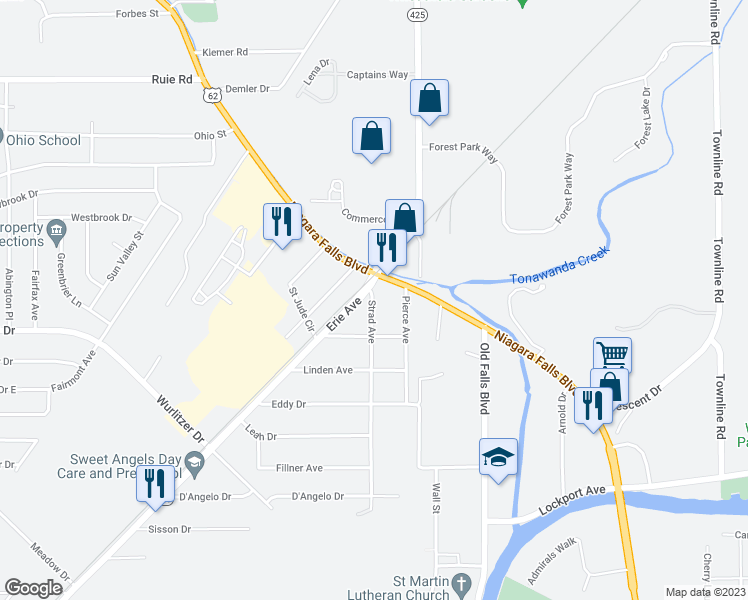 map of restaurants, bars, coffee shops, grocery stores, and more near 1333 Strad Ave in North Tonawanda