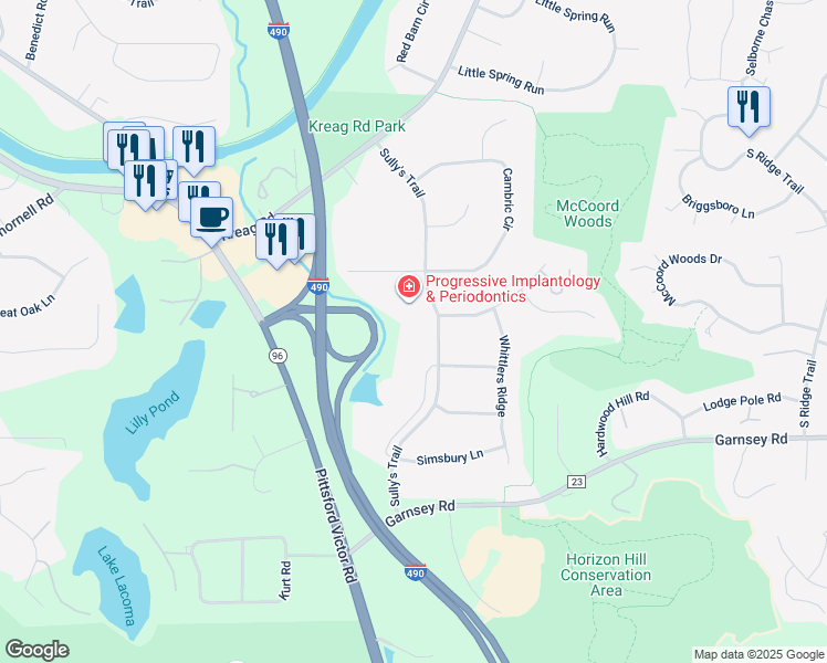 map of restaurants, bars, coffee shops, grocery stores, and more near 159 Sully's Trail in Pittsford