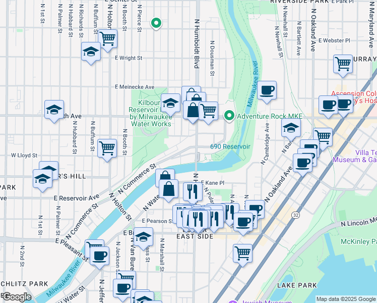 map of restaurants, bars, coffee shops, grocery stores, and more near 2080 North Commerce Street in Milwaukee