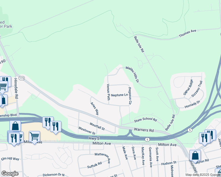 map of restaurants, bars, coffee shops, grocery stores, and more near 3777 Neptune Lane in Syracuse