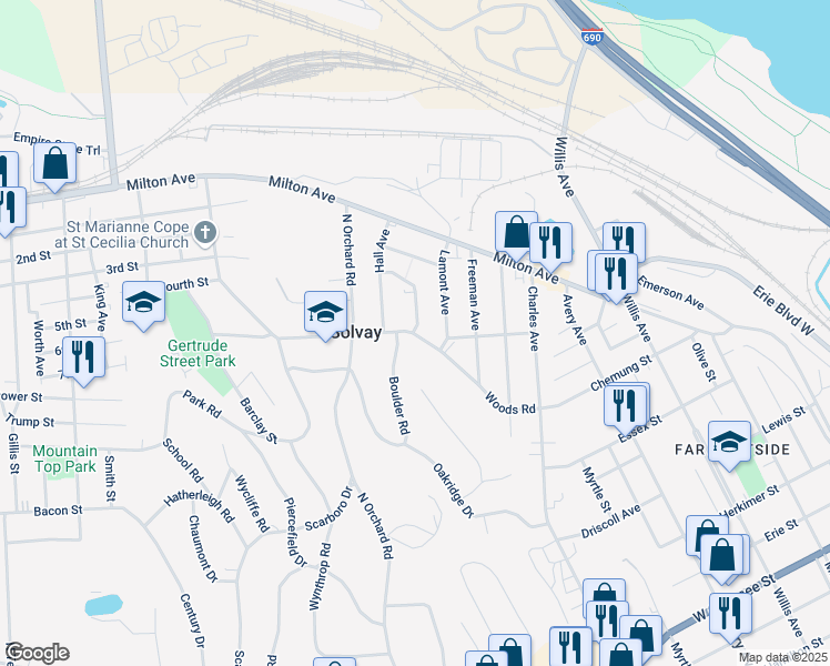map of restaurants, bars, coffee shops, grocery stores, and more near 401 Woods Road in Solvay