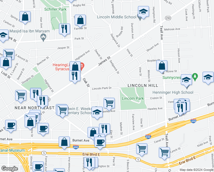 map of restaurants, bars, coffee shops, grocery stores, and more near 125 Lincoln Park Drive in Syracuse