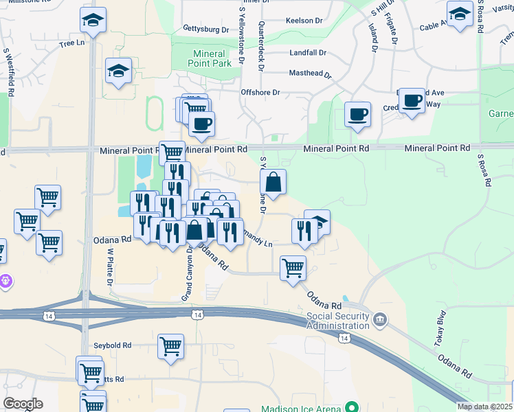 map of restaurants, bars, coffee shops, grocery stores, and more near 6510 Normandy Lane in Madison