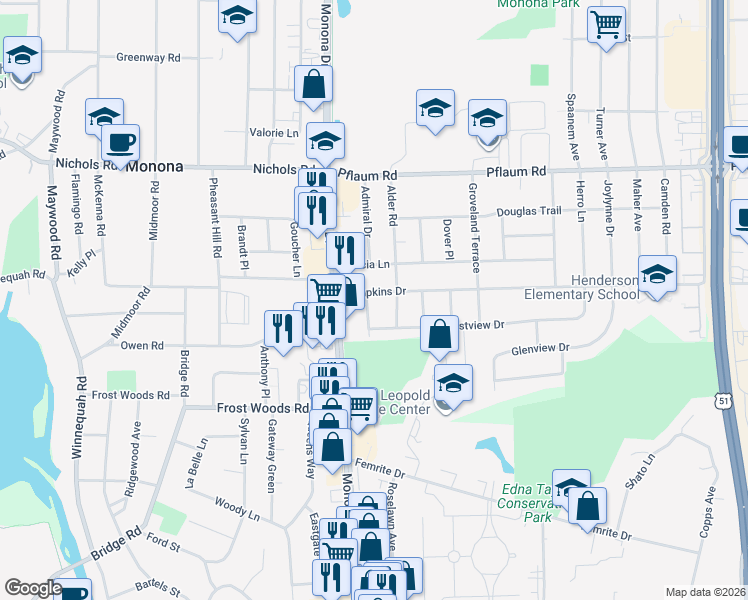 map of restaurants, bars, coffee shops, grocery stores, and more near 201 Tompkins Drive in Madison