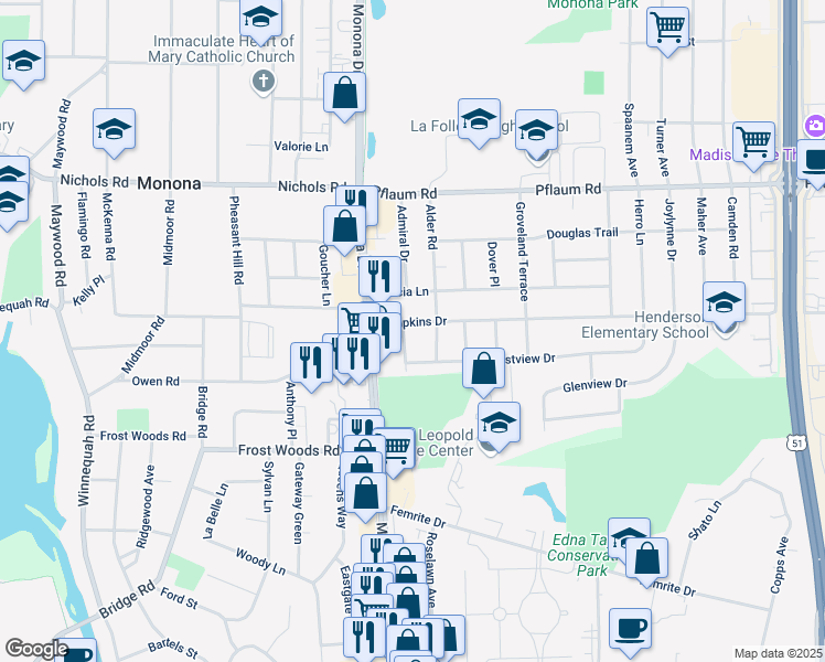 map of restaurants, bars, coffee shops, grocery stores, and more near 201 Tompkins Drive in Madison