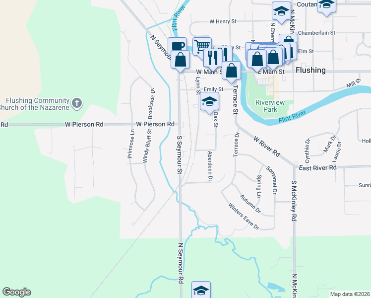 map of restaurants, bars, coffee shops, grocery stores, and more near 355 South Seymour Street in Flushing