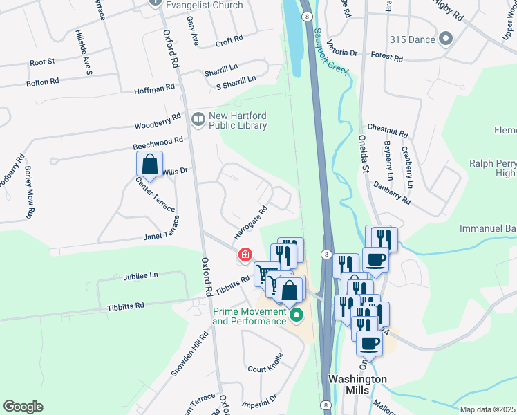 map of restaurants, bars, coffee shops, grocery stores, and more near 113 Harrogate Road in New Hartford