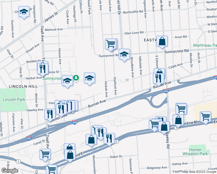 map of restaurants, bars, coffee shops, grocery stores, and more near 545 Hickok Avenue in Syracuse