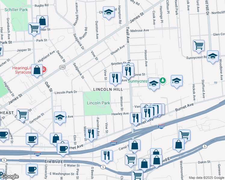 map of restaurants, bars, coffee shops, grocery stores, and more near 328 Sherwood Avenue in Syracuse