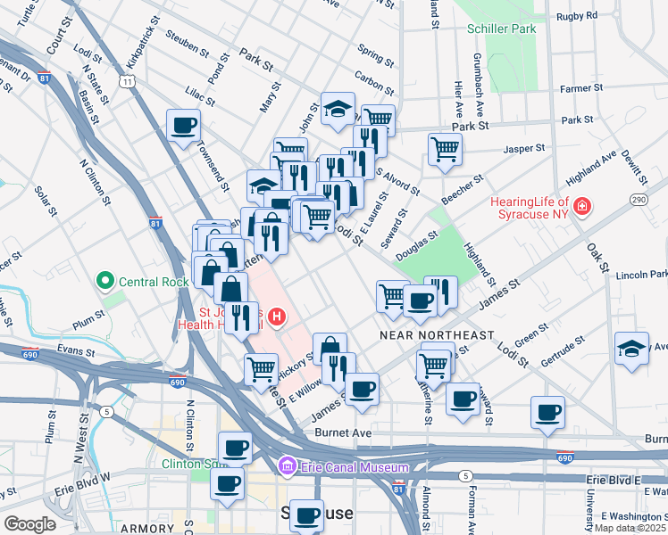 map of restaurants, bars, coffee shops, grocery stores, and more near 631 Catherine Street in Syracuse