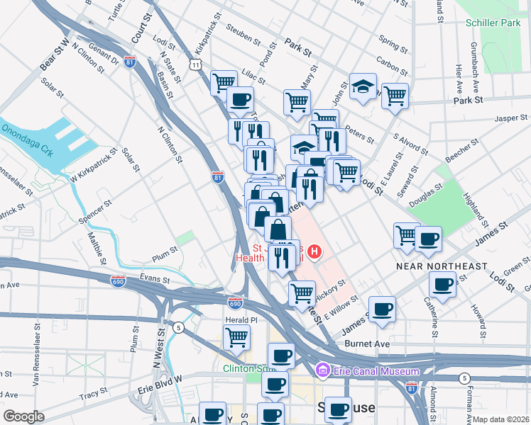 map of restaurants, bars, coffee shops, grocery stores, and more near 476 North Salina Street in Syracuse