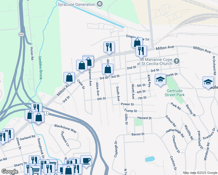 map of restaurants, bars, coffee shops, grocery stores, and more near 419 Abell Avenue in Syracuse