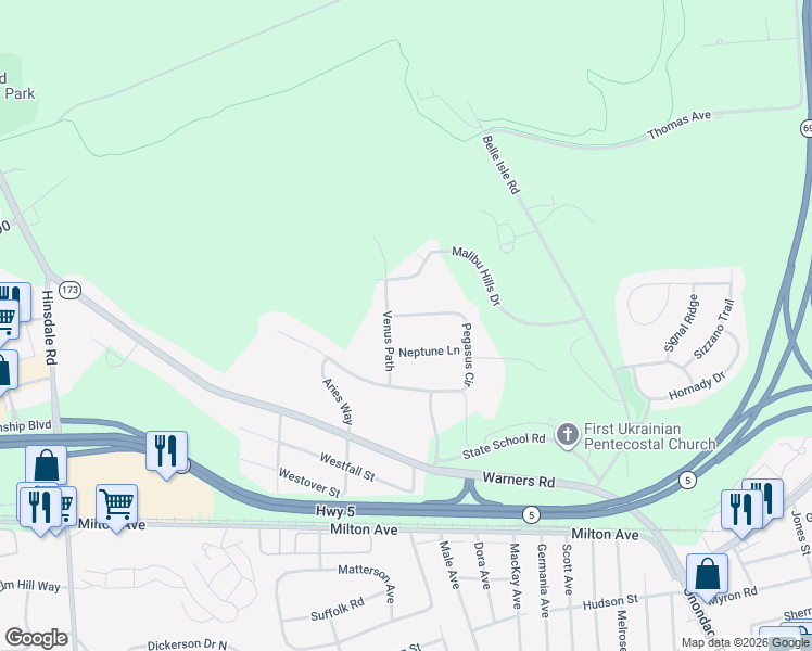 map of restaurants, bars, coffee shops, grocery stores, and more near 3777 Neptune Lane in Syracuse
