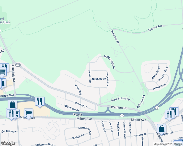map of restaurants, bars, coffee shops, grocery stores, and more near 3777 Neptune Lane in Syracuse