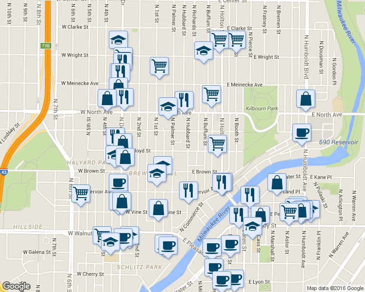 map of restaurants, bars, coffee shops, grocery stores, and more near 219 East Lloyd Street in Milwaukee